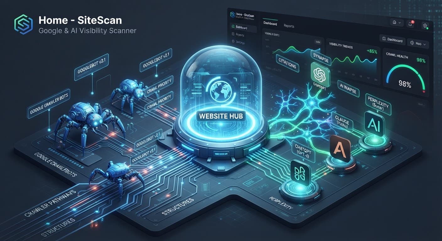 Illustration of a website hub being read by search-engine crawlers on one side and AI assistants on the other