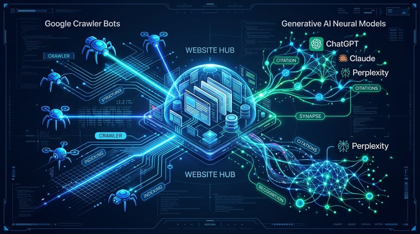 Diagram of a website being indexed by search-engine crawlers on one side and read by AI assistants on the other